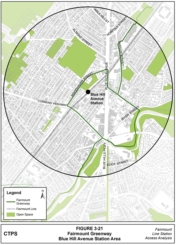 Figure 3-21, Fairmount Greenway—Blue Hill Avenue Station Area: Figure 3-21 (portrait orientation) presents the route of the Fairmount Greenway in the Blue Hill Avenue station area.