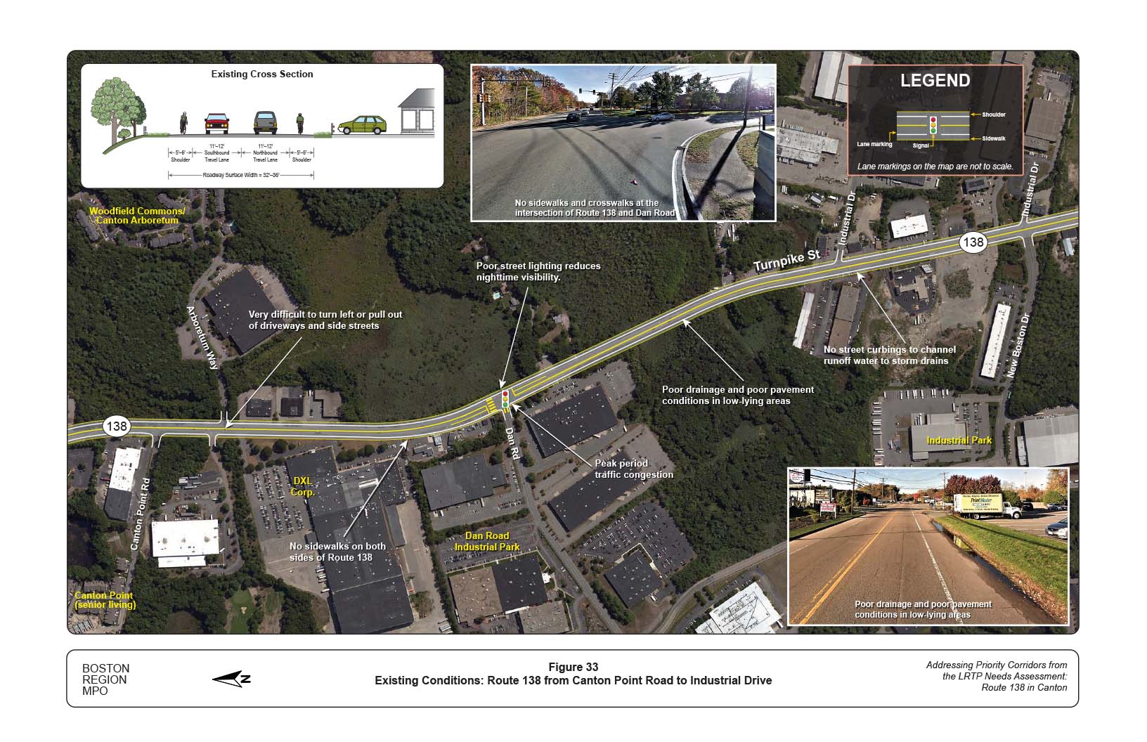 Figure 33 is map of Route 138 from Canton Point Road to Industrial Drive with overlays showing the locations of existing problems on the roadway and a graphic of the current cross section of the roadway.