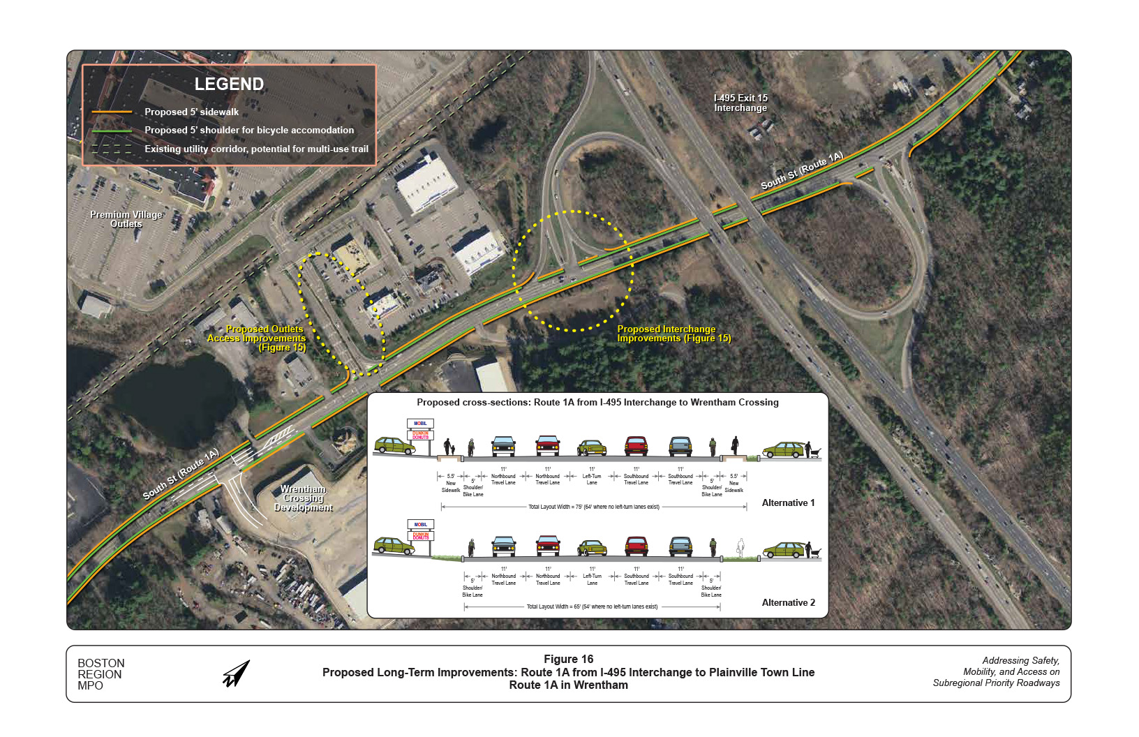 Figure 16 is a map that illustrates the proposed long-term improvements to sections of Route 1A between the Interstate 495 interchange and the Plainville town line. An inset contains an illustration of the proposed roadway cross sections.
