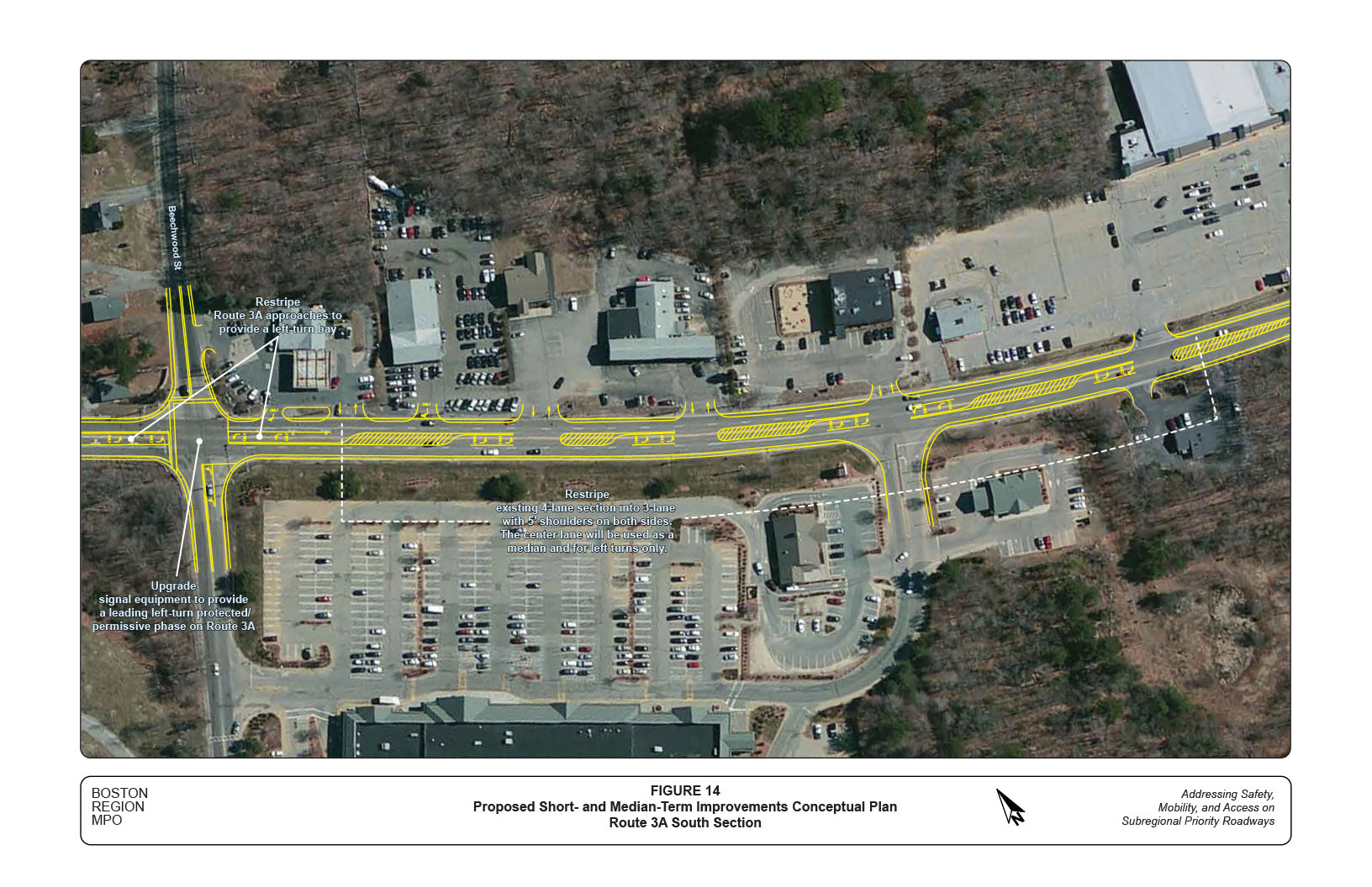 Figure 14 is an aerial view map that depicts the proposed medium-term improvements for the Beechwood Street intersection and the section south of Beechwood Street.