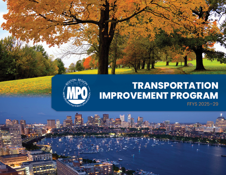 Cover page of FFYs 2025-29 TIP featuring photographs of a tree-lined dirt road across an open field in the autumn and the skyline of Boston lit in the twilight and reflected in the Charles River Basin