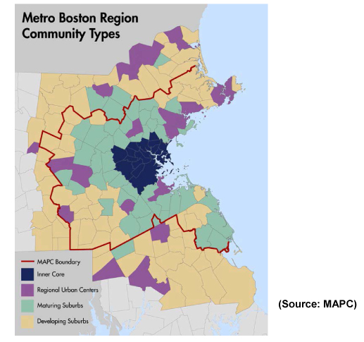 This map of the Boston Region categorizes the 101 cities and towns by MAPC community types. The community types are Inner Core, Regional Urban Centers, Maturing Suburbs, and Developing Suburbs.