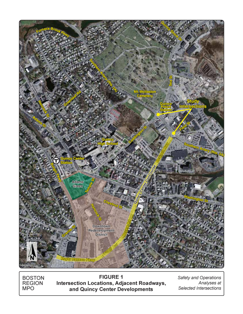 Figure 1 shows the intersection locations, adjacent roadways, and Quincy Center developments. 