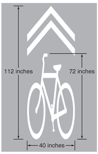 Figure 4 shows a sharrow marking, which is a painting on the pavement of a double arrow and a bicycle. 