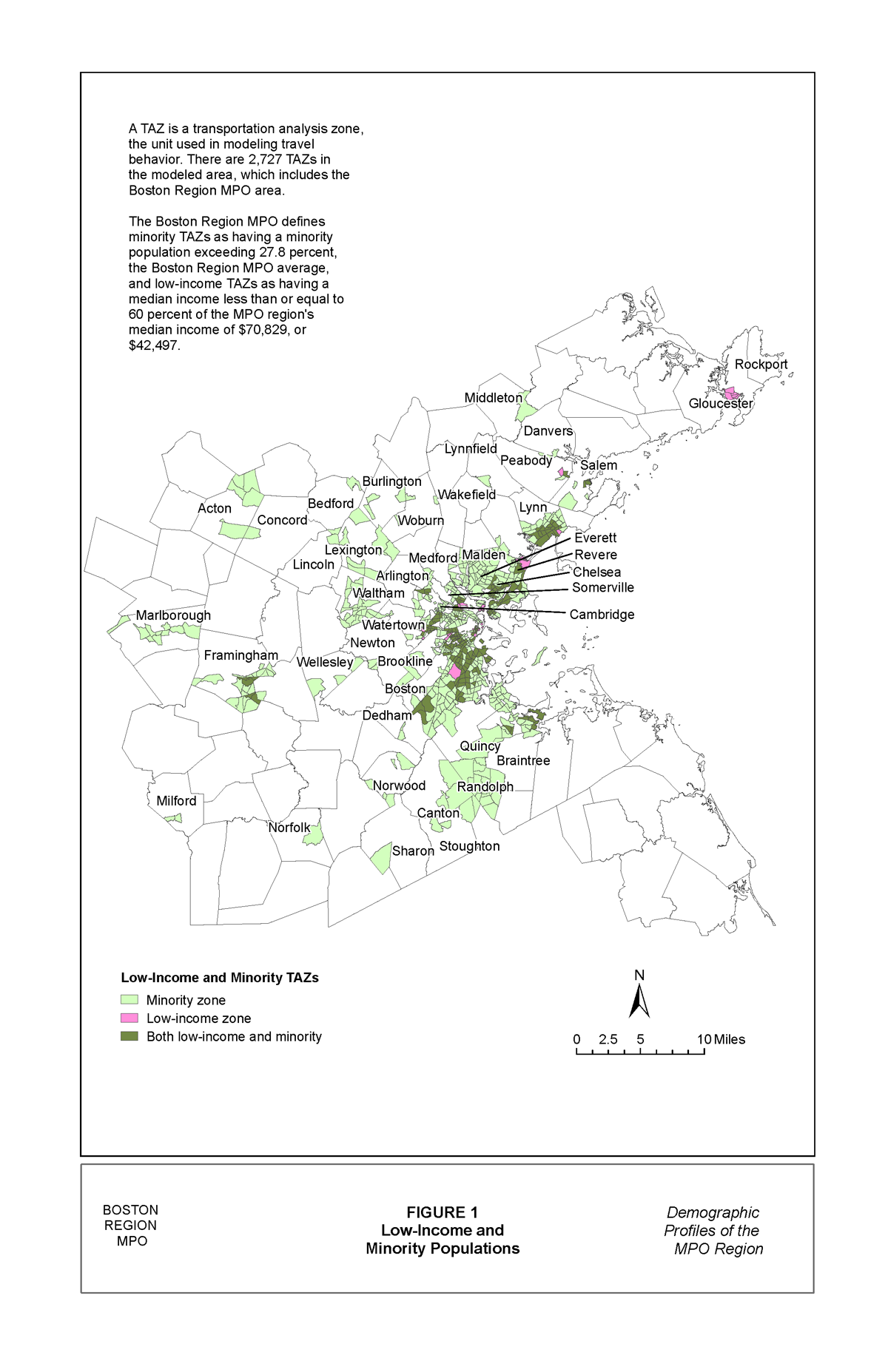Figure 1 is a map that identifies low-income and minority transportation analysis zones in the Boston Region MPO area.
