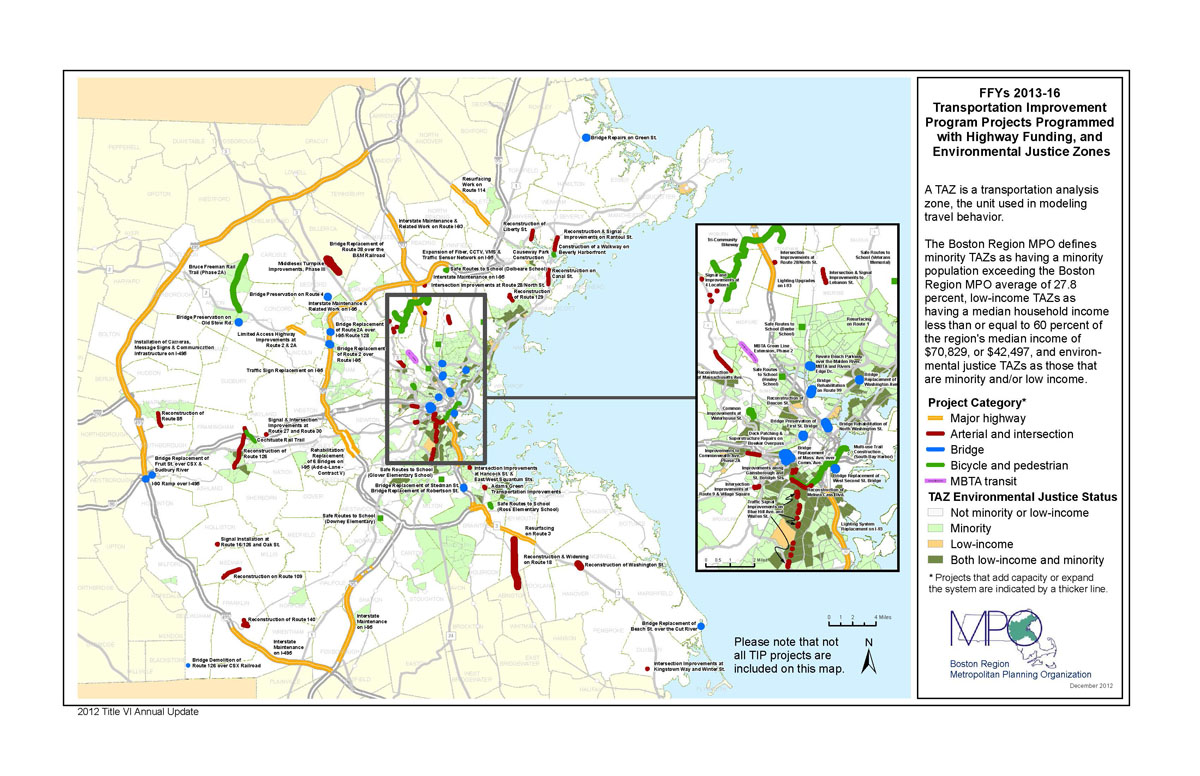 The map shows the locations of highway funded projects and the environmental justice transportation analysis zones in the MPO region.