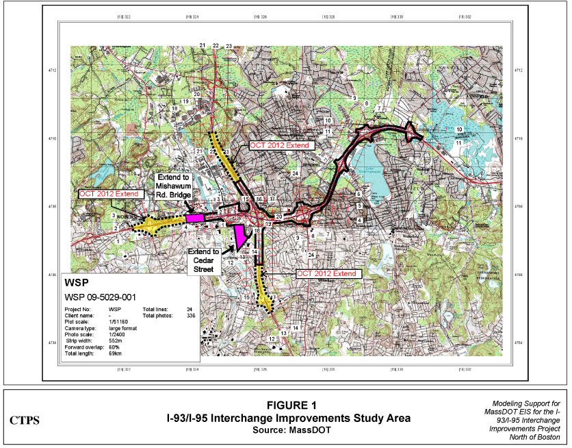Figure 1 is a map, provided by MassDOT, that indicates the study area, described previously in the Background section of this work program, for the modeling project for the EIS for the I-93/I-95 Interchange Improvements Project. 