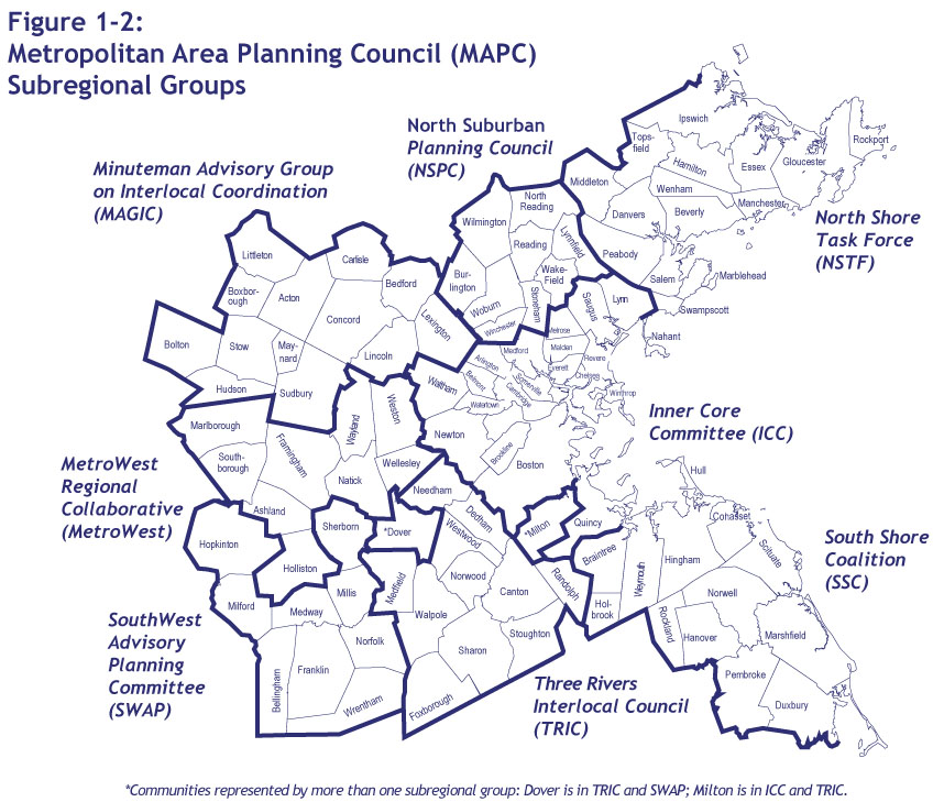 This map shows how the 101 municipalities in the Boston MPO region fall into eight MAPC subregions, which are represented by subregional groups. These subregional groups include the Inner Core Committee (ICC), the MetroWest Regional Collaborative (MetroWest), the Minuteman Advisory Group on Interlocal Coordination (MAGIC), the North Suburban Planning Council (NSPC), the North Shore Task Force (NSTF), the South Shore Coalition (SSC), the SouthWest Advisory Planning Committee (SWAP), and the Three Rivers Interlocal Council (TRIC). Two communities are represented by more than one subregional group; Dover is in TRIC and SWAP, and Milton is in ICC and TRIC.   