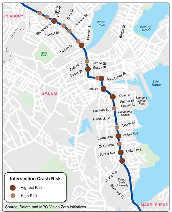 Figure 14 shows the key intersection crash sites along the corridor. These include both crash-based and risk-based sites.