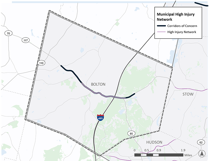 Figure C-7: A map of Bolton, MA, a rural town in the region. Parts of Route 117/Main Street are shown as both corridors of concern and a high-injury network location.