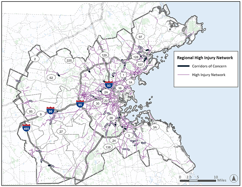 Figure C-1: A map showing the boundaries of the Boston Region MPO network with corridors of concern and the high injury network depicted in line segments.