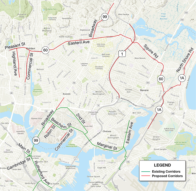 Figure 2
This figure shows the existing and proposed corridors in Malden, Everett, Chelsea, and Revere.
