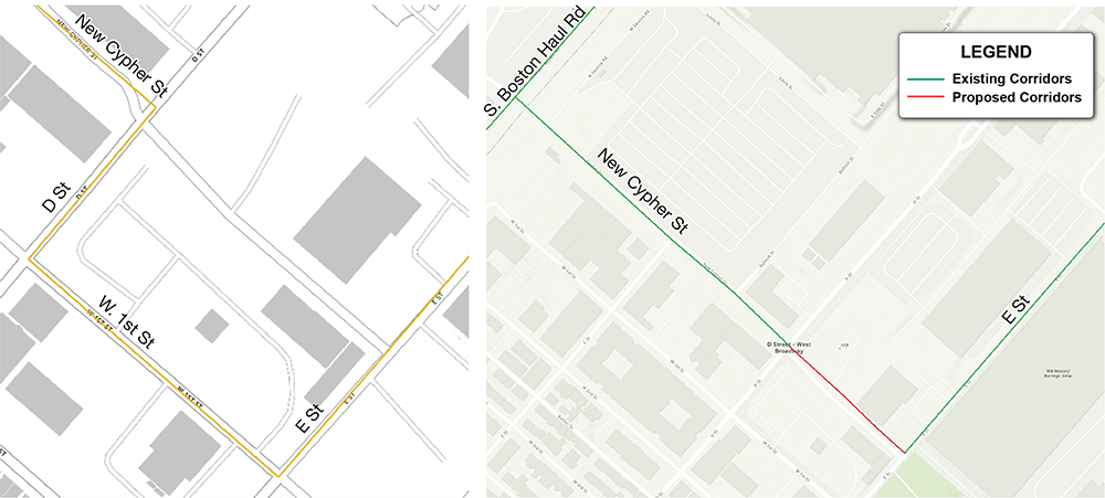 Figure 5aThis figure shows the existing corridors in South Boston that are proposed for removal due to a newly constructed corridor that provides improved connectivity.Figure 5bThis figure shows the proposed corridor in South Boston, a newly constructed segment providing improved connectivity.