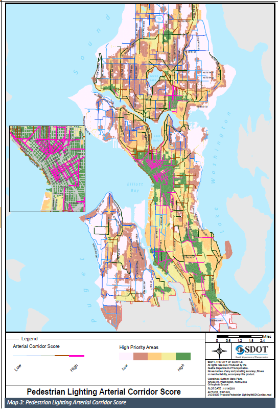 Map of Seattle showing high priority areas and arterials for pedestrian scale lighting implementation. 