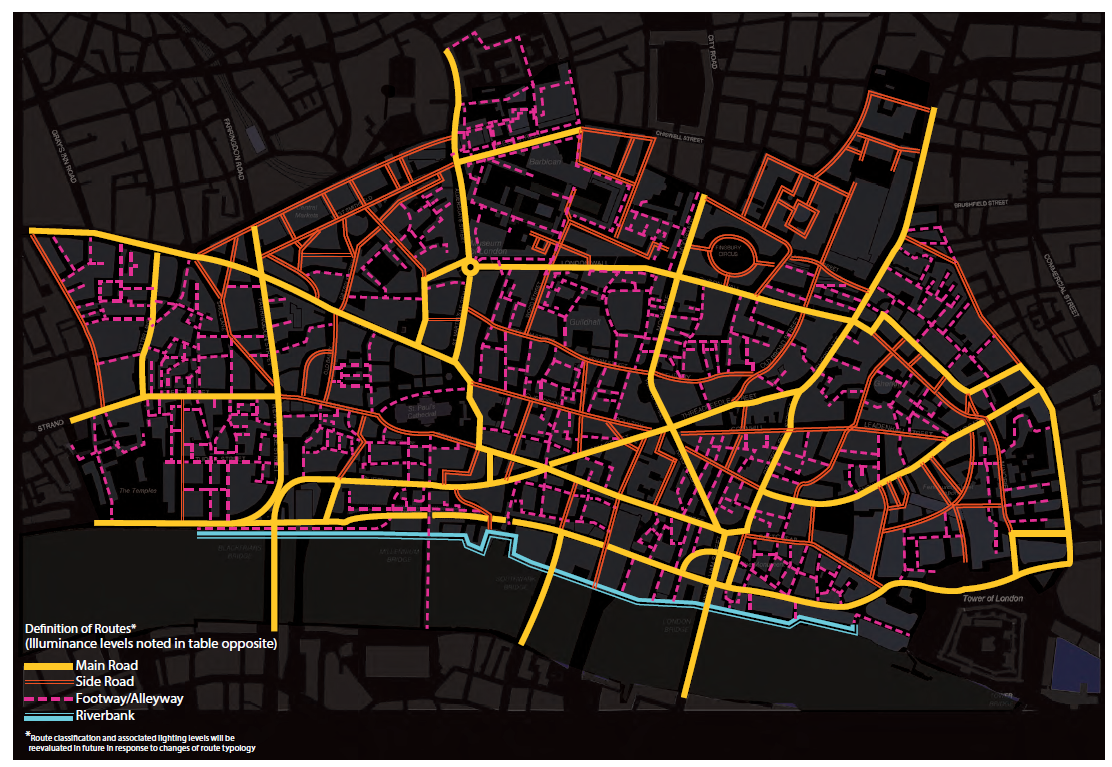 A map of London with illuminance values for main roads, side roads, footway/alleyways, and riverbanks.