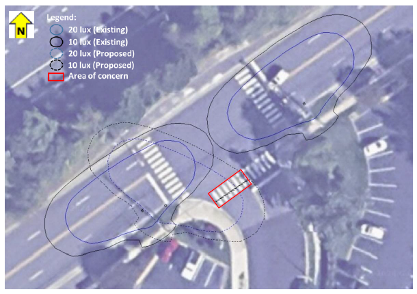 Intersection view overlaid with existing and proposed illuminance values.