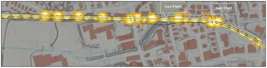 Trail map section of the Minuteman Bikeway in Arlington, Massachusetts, illustrating luminaire light distribution.