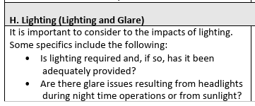 A section of a MassDOT Road Safety Audit field questionnaire featuring lighting and glare questions.