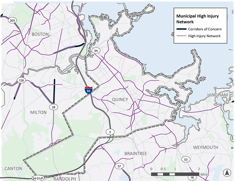 Figure C-4: A map of Quincy, MA, a highly urban area of the region. Most major roads through Quincy are labeled as high-injury network locations.
