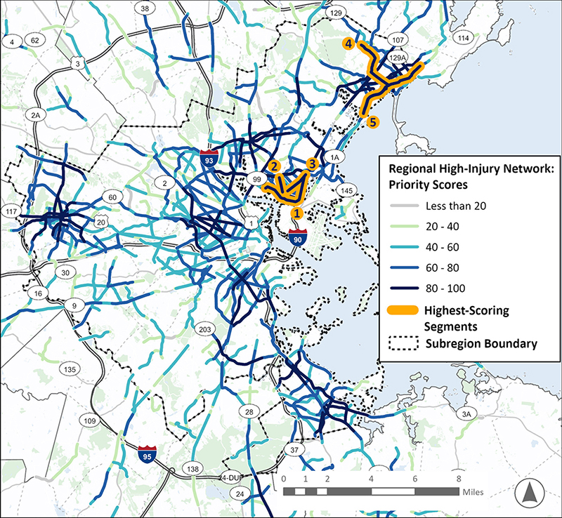 A map of the Inner Core Community (ICC) Subregion, consisting of the inner core around the city of Boston. A Prioritized Regional High Injury Network, consisting of highlighted highest-scoring roadway segments, is overlayed on the map. This area has many high-scoring segments, in the city of Boston, South End/Roxbury, Dorchester, Quincy, Newton, Waltham, Lynn, and segments in Medford and Malden.