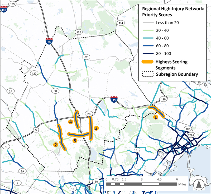 A map of the North Suburban Planning Council (NSPC) Subregion, consisting of a band of communities directly north of Boston. A Prioritized Regional High Injury Network, consisting of highlighted highest-scoring roadway segments, is overlayed on the map. This area has high-scoring segments in Malden and several north-south segments through Burlington, Woburn, Stoneham, Melrose, Ballardville, Hathorne, and Andover.