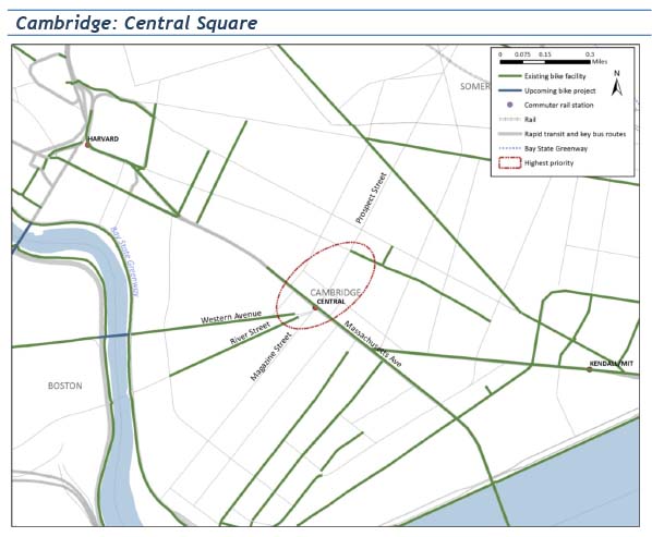 Boston: Charlesgate

ID #	316
Town	Boston
Location	Charlesgate East and West between Storrow Drive and Boylston Street, including the Bowker Overpass
Distance	Short (<1/2 mile)
Existing Conditions	On-road route; no defined bicycle facilities; gap in historic Emerald Necklace between Back Bay Fens and Esplanade/Charles River Path 
Proposed Improvements	MassDOT has committed to constructing Charlesgate Green, which would connect Beacon Street and Charles River Path; Boston Bike Plan recommends path along east side of Charlesgate to complete the connection, Northeastern University plan (below) suggests path along west side, along with realigning median on Bowker Overpass over the Massachusetts Turnpike
Continued next page	

 
Boston: Charlesgate (continued)


Potential Challenges	Massachusetts Turnpike, Bowker Overpass
Potential Funding Sources and/or Partners	MassDOT, City of Boston, Emerald Necklace Conservancy, DCR
Next Steps	Investigate feasibility of various proposed plans 

 
5.3	Connections Programmed for Funding

Chelsea: Commuter Rail to East Boston Greenway  

ID #	179
Town	Chelsea, Boston
Location	From Chelsea Commuter Rail station along proposed Chelsea Greenway over the Chelsea Street Bridge to the East Boston Greenway
Distance	Medium (>1/2 mile)
Existing Conditions	MassDOT-owned railroad ROW (abandoned) between Chelsea Station and Eastern Avenue; on-road route: no defined bicycle facilities between Chelsea Street Bridge and East Boston Greenway 
Proposed Improvements	MassDOT Silver Line Gateway project includes a shared use path, the Chelsea Greenway, between downtown Chelsea and Eastern Avenue; connection between Eastern Ave and East Boston Greenway would need to be addressed
Potential Challenges	Land ownership
Potential Funding Sources and/or Partners	MassDOT, Massport, City of Boston, City of Chelsea
Next Steps	Work with MassDOT to advance Chelsea Greenway via the Silver Line Gateway project; explore feasibility of off-road (preferable) or on-road connection from Chelsea Greenway to East Boston Greenway 

Salem: Canal Street Bikeway  

ID #	191
Towns	Salem, Marblehead
Location	Salem Commuter Rail station to Marblehead Rail Trail
Distance	Medium (>1/2 mile)
Existing Conditions	On-road route; no defined bicycle facilities 
Proposed Improvements	Canal Street Bikeway (rail with trail), TIP ID 1311, would be built as part of MassDOT Project ID 605146: Reconstruction of Canal Street between Washington Street/Mill Street and Loring Avenue/Jefferson Avenue.
Potential Challenges	Land ownership
Potential Funding Sources and/or Partners	MassDOT, MBTA, Salem State University, City of Salem, Town of Marblehead
Next Steps	Advance project in the TIP
 
6.	CONCLUSIONS AND NEXT STEPS
This bicycle network evaluation uses technical analysis, based on a diverse set of criteria, to arrive at recommendations that would create a more cohesive regional network. The study uses GIS to evaluate network gaps according to how well they would support bicycle connectivity and maximize access to the regional transportation system. This analysis can be applied as a tool for assessing additional gaps. Recommendations for addressing the 11 highest-priority gaps are included in this study.

This study is an ongoing endeavor, which should be updated periodically. The regional bike plan also should be updated to support this project and to create a comprehensive direction for bicycle planning in the region.

Note that the Inner Core Committee subregion is denser and more complex than the rest of the region’s bicycle network, and may warrant its own evaluation. The study found many gaps in this area that were not regionally significant, but are important aspects of subregional bicycle corridors, and should be addressed.









BI/bi

cc:	J. Lehman and P. Sutton, MassDOT
	D. Loutzenheiser, MAPC
