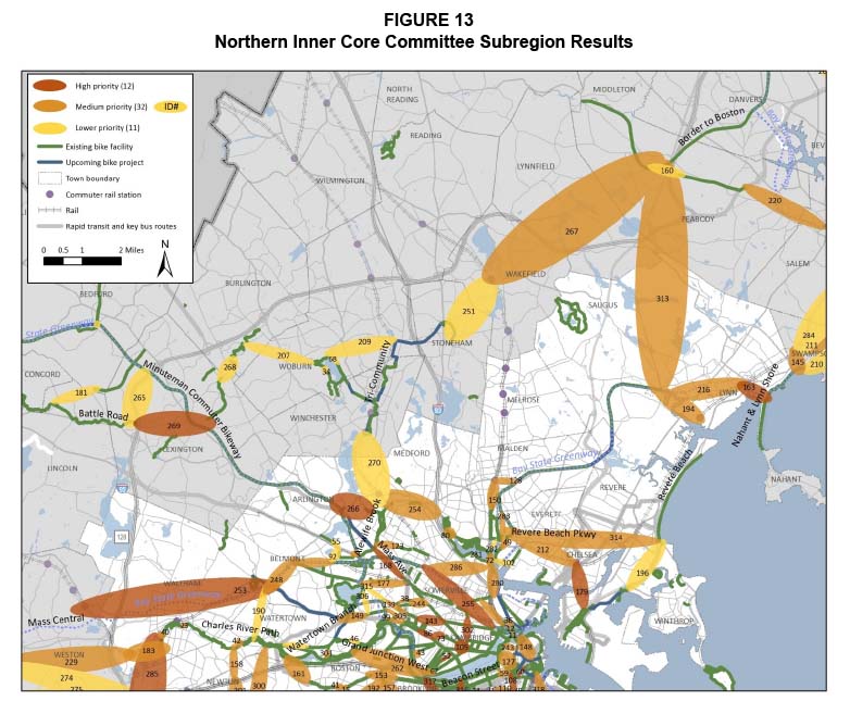 Figure 13. Northern Inner Core Committee Subregion Results
Figure 13 is a map showing the base network of the northern half of the Inner Core Committee subregion with the gaps identified. The gaps are depicted as high, medium, and lower priority gaps according to the scores that they were assigned in the evaluation.
