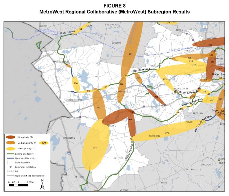 Figure 8. MetroWest Regional Collaborative Subregion Results
Figure 8 is a map showing the base network of the MetroWest Regional Collaborative subregion with the gaps identified. The gaps are depicted as high, medium, and lower priority gaps according to the scores that they were assigned in the evaluation.
