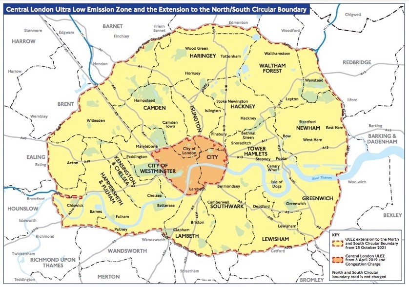 Map highlighting the boundaries of London’s Ultra Low Emission Zone (ULEZ).