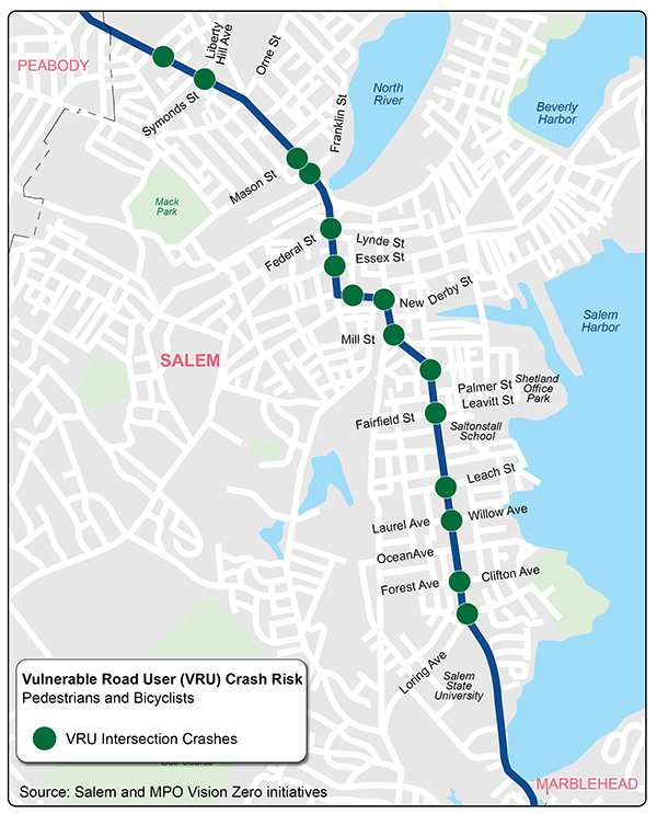 Figure 15 presents the critical crash sites for vulnerable road users.