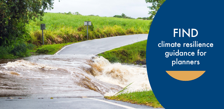 Image of a rolling river with text to the right that says "find climate resilience guidance for planners"